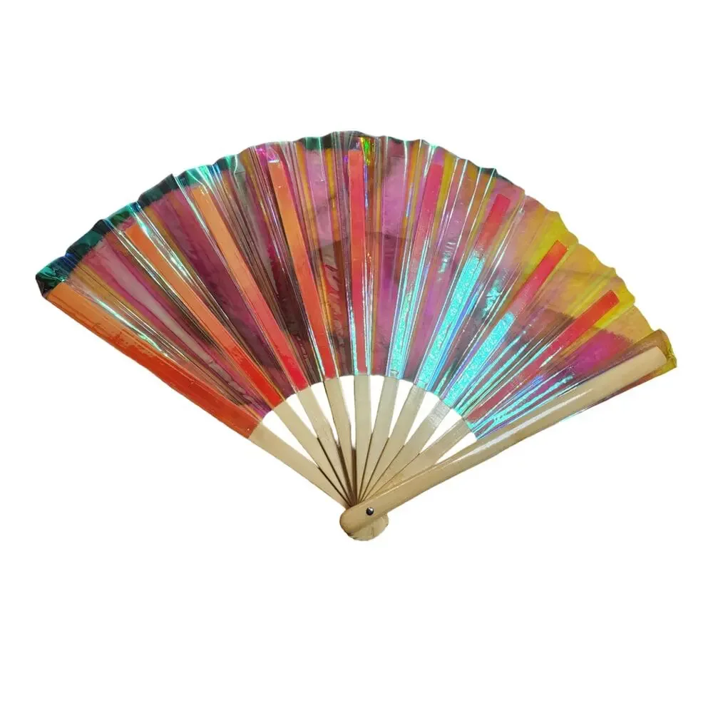 Large Holographic Rave Folding Hand Fan 13 Inch Iridescent Pink Clack Fan